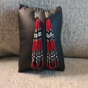 Native style beaded earrings 3 1/2" red, black, gray & white
